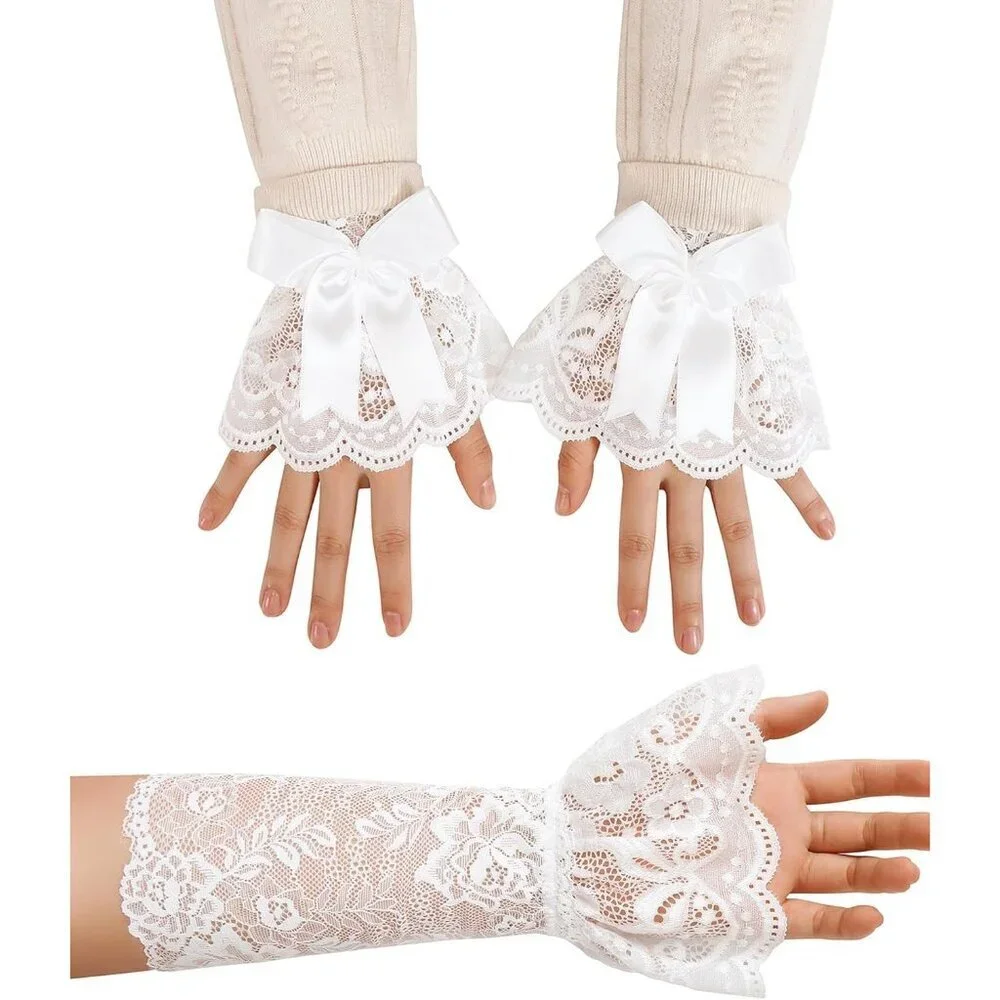 Women's Fingerless White Bow Lace Gloves Elbow Sleeve Costume Party Prom